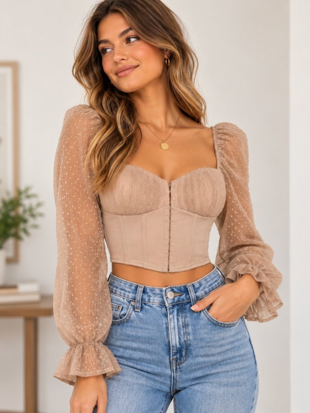 Windsor Sz SM Taupe Corset Crop Top Sheer Puff Sleeve Ruffle Boho Y2K Coquette
